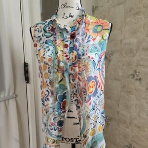 Moschino Colorful Floral Sleeveless Silk Blouse